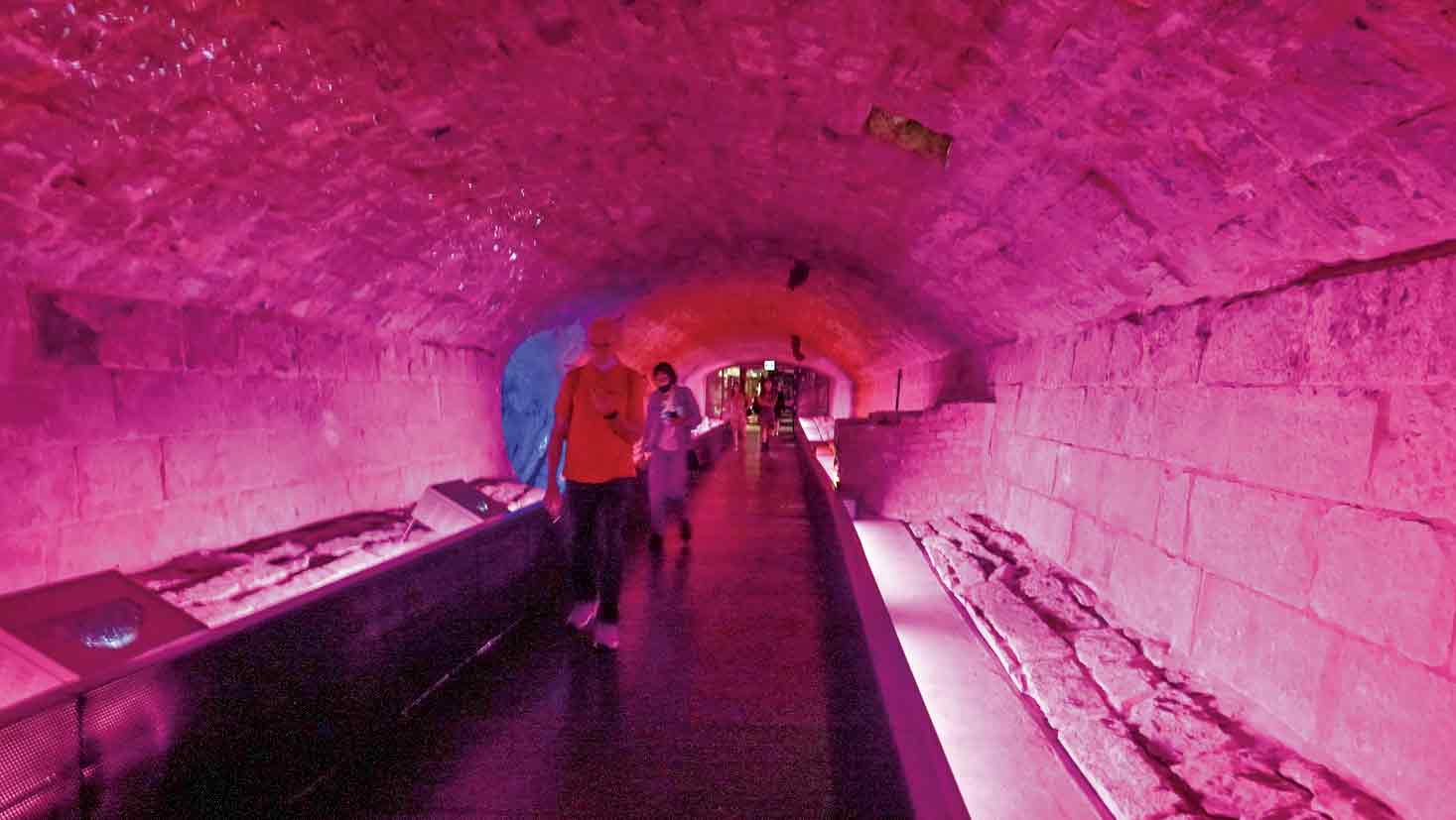 20世紀まで使われていた集合下水道がピンクに照明されている。
