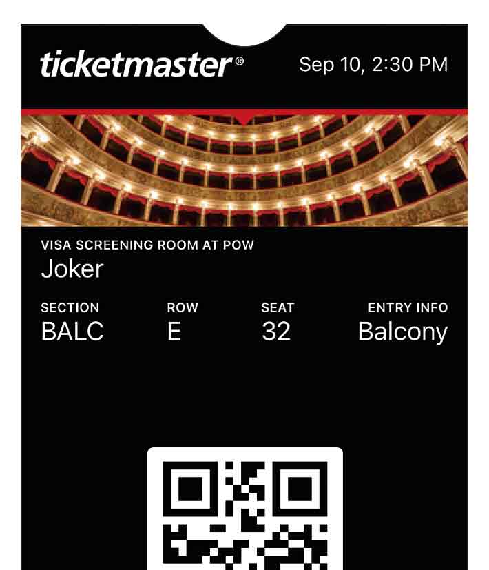 2019年9月10日に上映 された『ジョーカー』の電子チケット画像の一部。QRコードをかざして入場する。